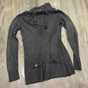 Susan Lawrence Sweater Collared Buttoned Pockets Front Pullover Gray Size M